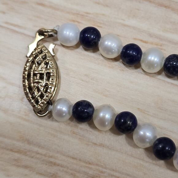 Lapis Lazuli and Pearl Graduated Bead Thread Strung 17" Necklace 14K GF Clasp - Picture 11 of 16